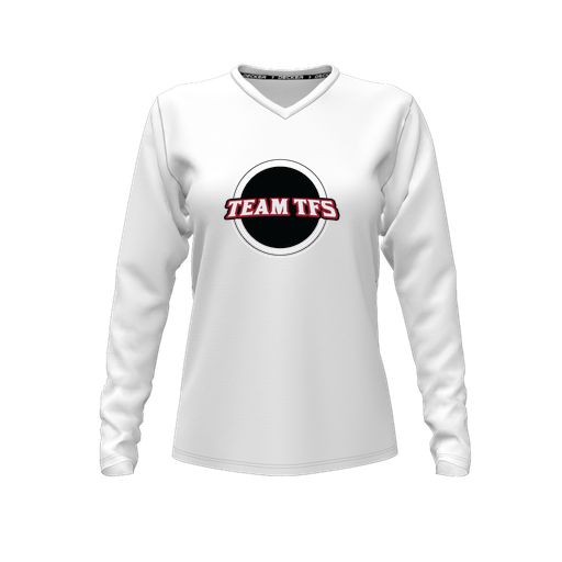[CUS-DFW-TEES-CMF-VNK-LSL-WHT-FYXS-LOGO2] Comfort T-Shirt (Female Youth XS, White, V Neck, Logo 2, Long Sleeve)