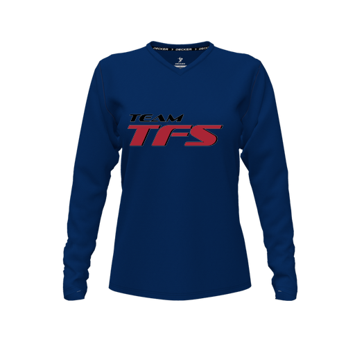 [CUS-DFW-TEES-CMF-VNK-LSL-NVY-FYXS-LOGO1] Comfort T-Shirt (Female Youth XS, Navy, V Neck, Logo 1, Long Sleeve)
