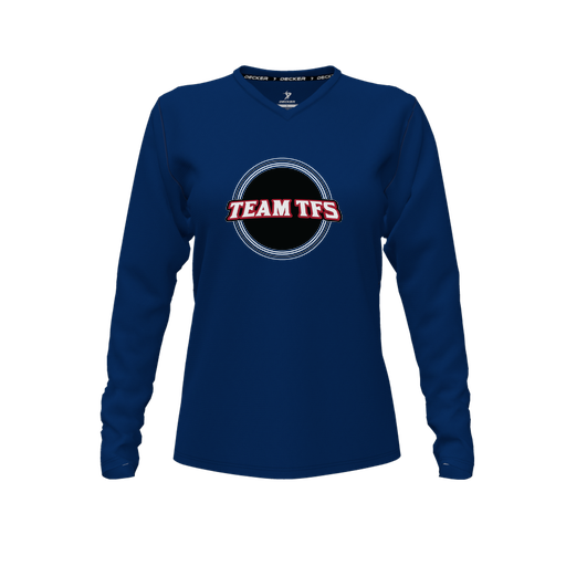 [CUS-DFW-TEES-CMF-VNK-LSL-NVY-FYXS-LOGO2] Comfort T-Shirt (Female Youth XS, Navy, V Neck, Logo 2, Long Sleeve)