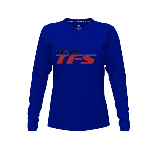 [CUS-DFW-TEES-CMF-VNK-LSL-RYL-FYXS-LOGO1] Decker Comfort T-Shirt (Female Youth XS, Royal, V Neck, Logo 1, Long Sleeve)