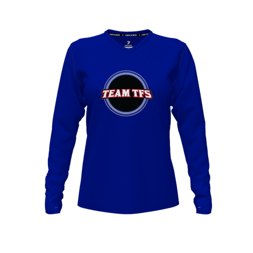 [CUS-DFW-TEES-CMF-VNK-LSL-RYL-FYXS-LOGO2] Comfort T-Shirt (Female Youth XS, Royal, V Neck, Logo 2, Long Sleeve)