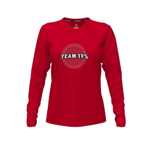 [CUS-DFW-TEES-PER-VNK-LSL-RED-FYXS-LOGO3] Performance T-Shirt (Female Youth XS, Red, V Neck, Logo 3, Long Sleeve)