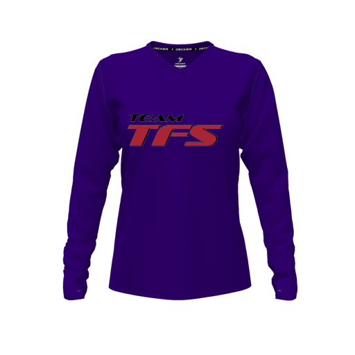 [CUS-DFW-TEES-PER-VNK-LSL-PUR-FYXS-LOGO1] Performance T-Shirt (Female Youth XS, Purple, V Neck, Logo 1, Long Sleeve)